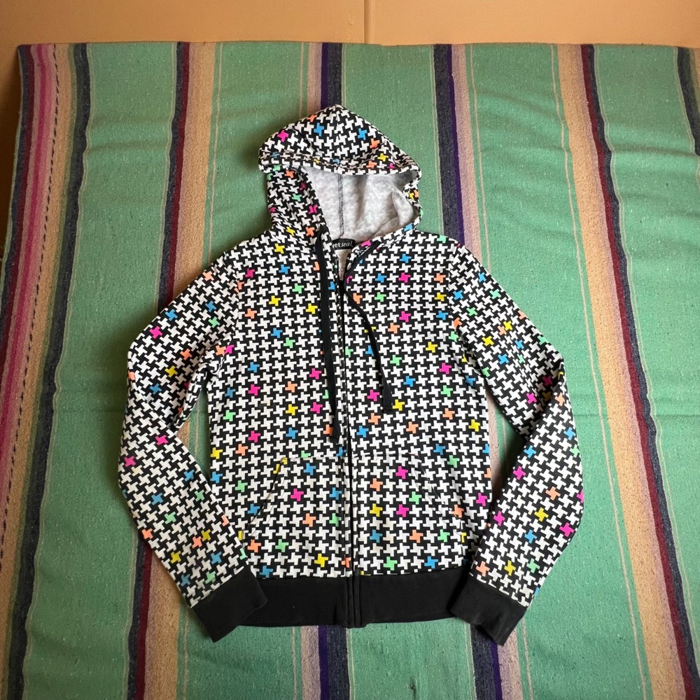 Wet Seal Hoodie Womens Medium Multicolor Houndstooth Y2K Zip Up Sweatshirt Retro